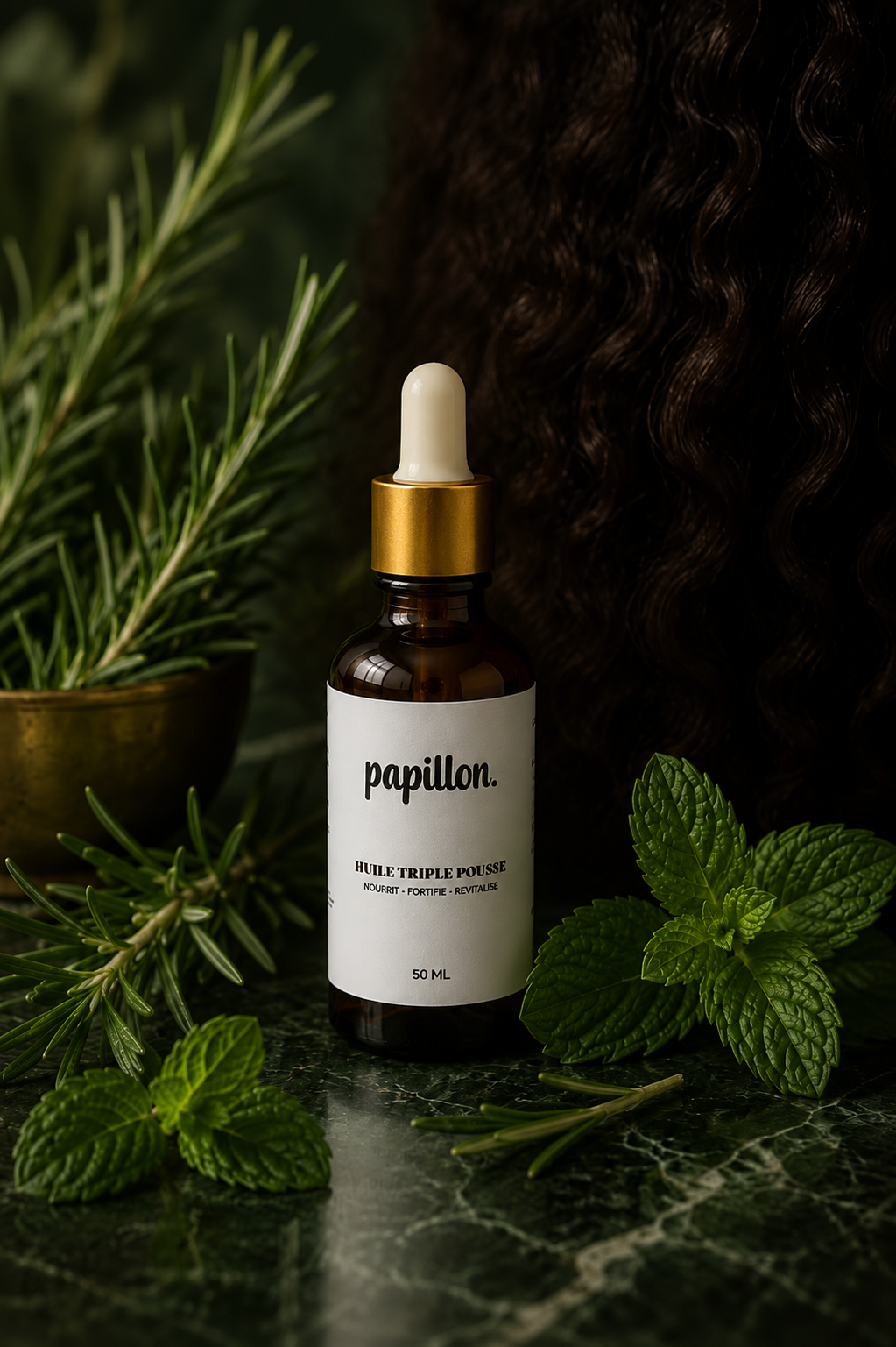 Huile Triple Pousse Papillon - flacon avec romarin et menthe